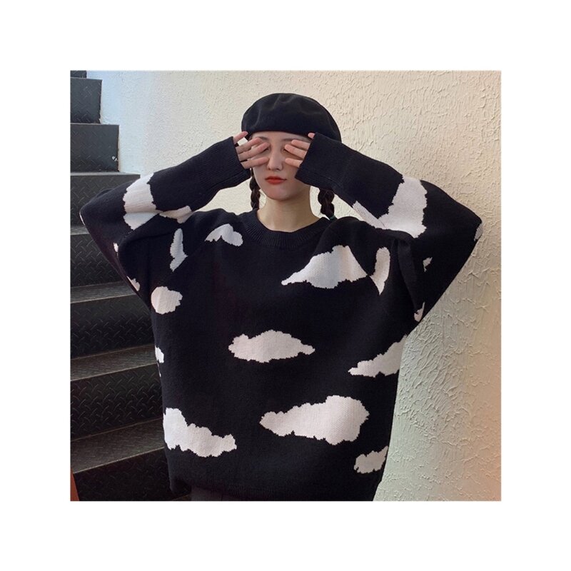 Women Long Sleeve O-Neck Knitted Sweater Sweet Cloud Print Oversized Jumper Tops X3UE