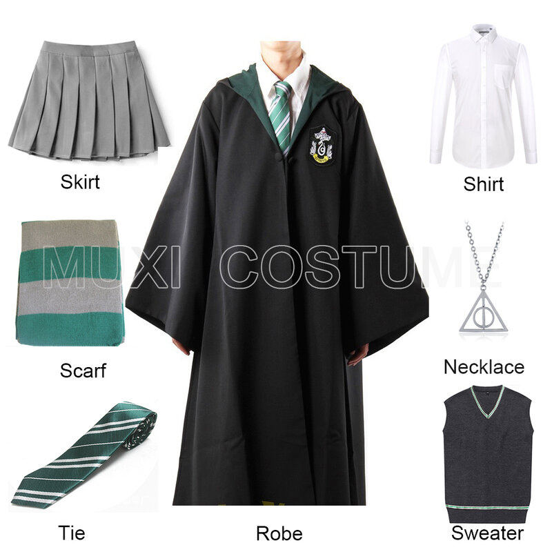 Freies Verschiffen Slytherin Cosplay Robe Mantel Pullover Pullover Shirt Rock Krawatte Abzeichen Schal Harris Kostüm