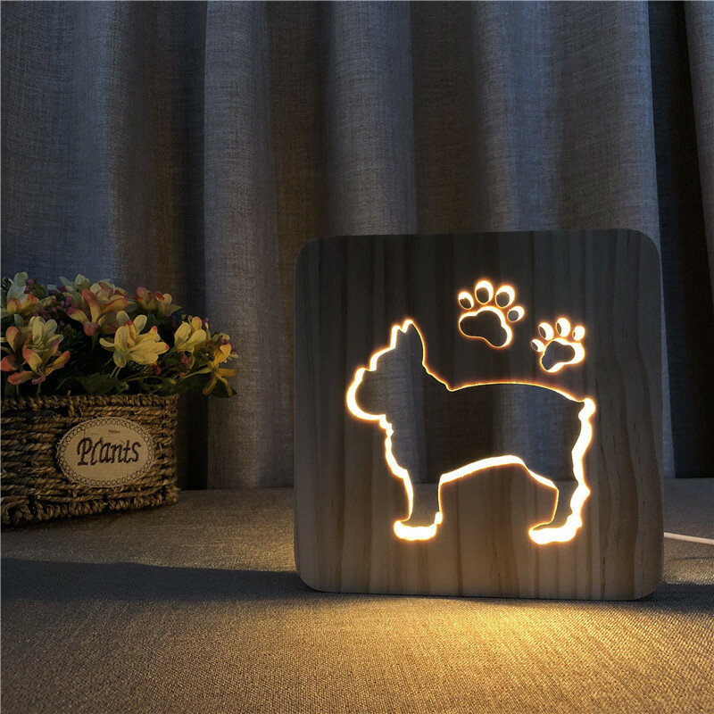 3d buldogue francês lâmpada usb noite led cão de madeira luz decoração do quarto do bebê quente branco do dia dos pais presente feriado transporte da gota