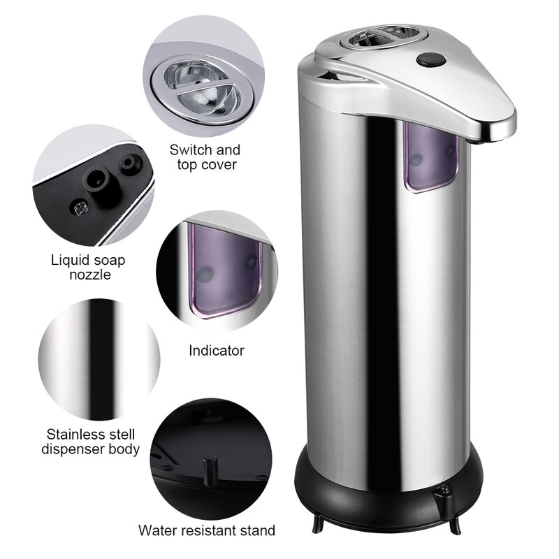 Distributeur automatique de savon liquide en acier inoxydable, contenance de 250 ml, équipé d'un capteur intelligent IR, permet d'avoir les mains libres et un lavage sans contact