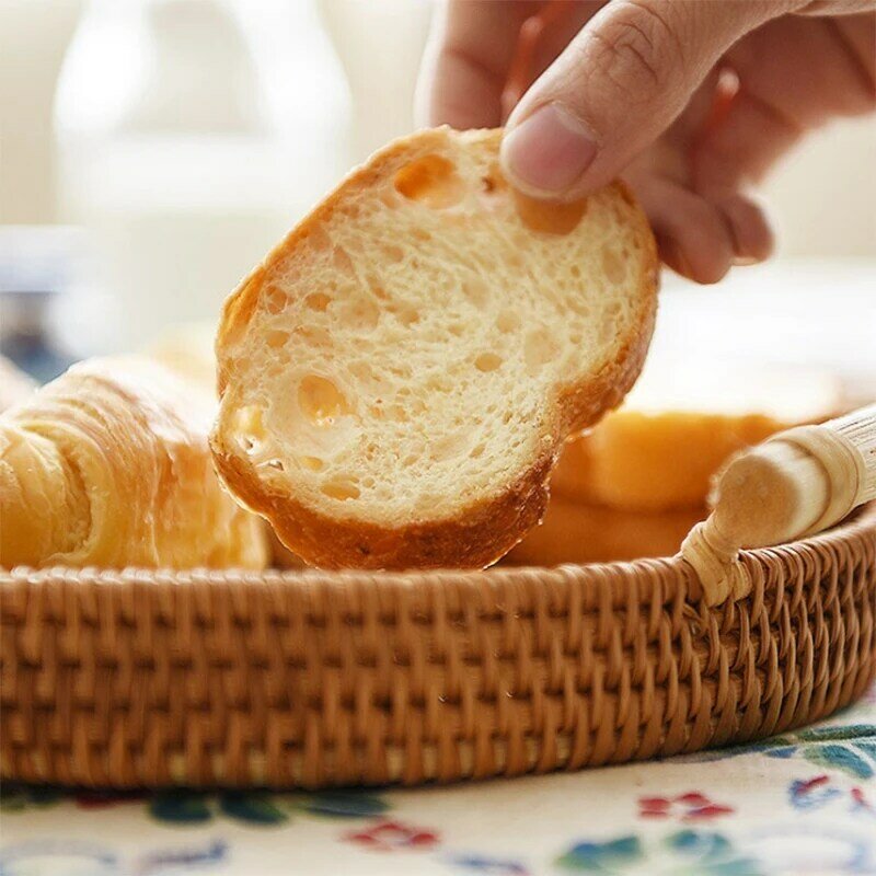 Rattan koszyk na chleb okrągły tkana taca herbaciana z uchwytami do serwowania kolacje przyjęcia śniadanie kawowe (8.7 cala)