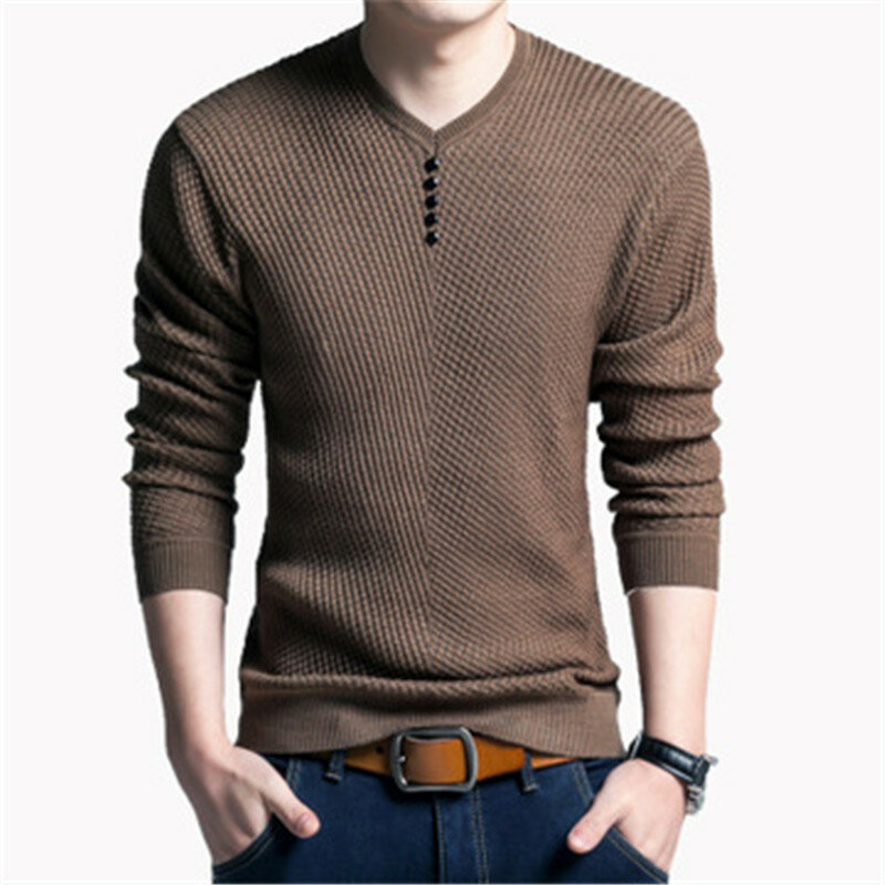 Suéter informal con cuello en V para hombre, Camisa ajustada de manga larga, Jersey de punto de algodón, Top de otoño e invierno, novedad