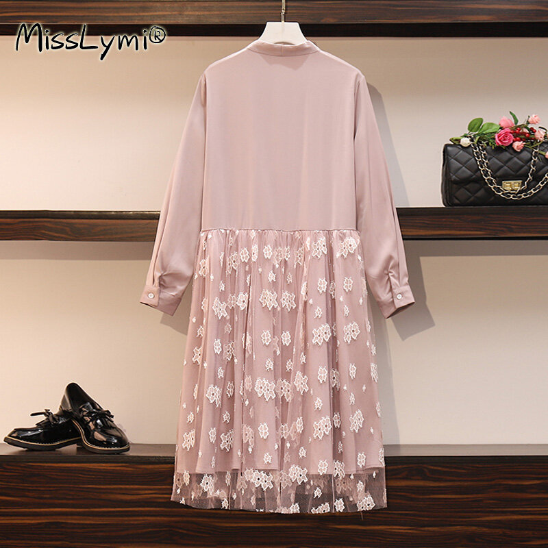 XL-5XLプラスサイズの女性のエレガントレースのドレス春2021ボウカラー長袖パッチワーク花刺繍メッシュドレスピンク