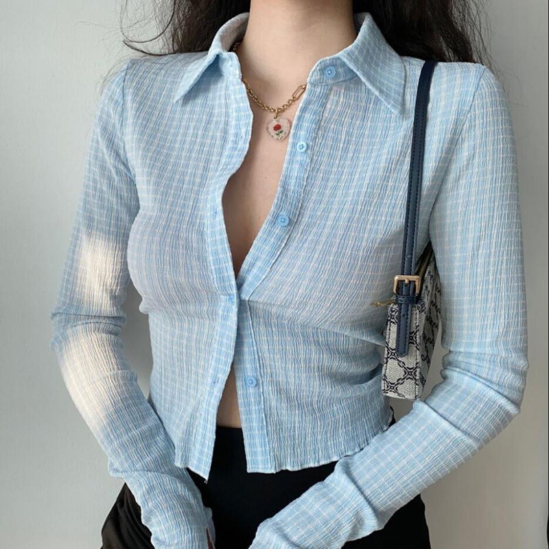 Blusas 2021 Frühling und Herbst Retro revers langarm plaid ausgestelltes sleeve shirt strickjacke frauen kurze dünnes hemd рубашка женская