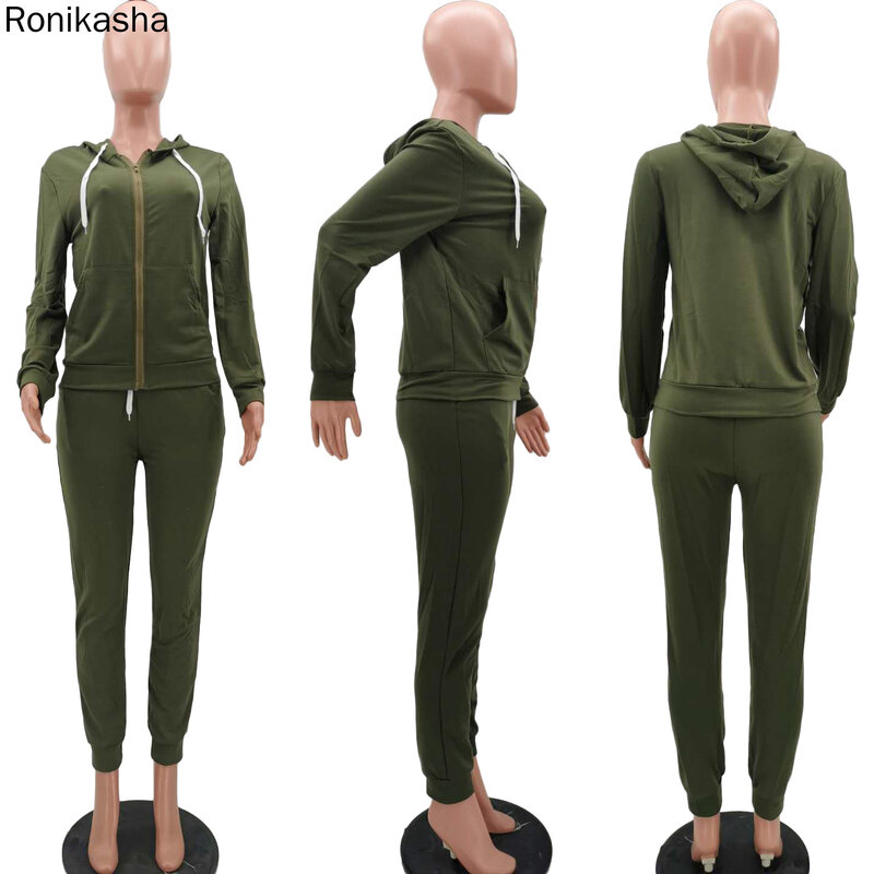 Ronikasha-conjunto informal de 2 piezas para mujer, Sudadera con capucha de manga larga y cuello levantado, Top ajustado, pantalones para correr