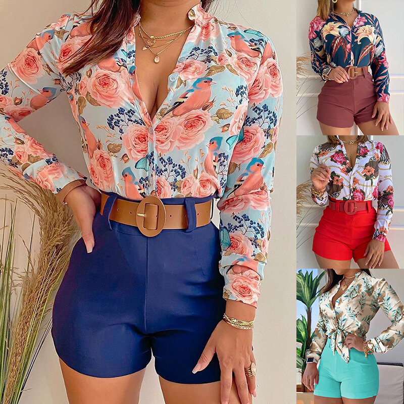 Женский комплект с шортами и блузкой, летний комплект из двух предметов, рубашка с длинным рукавом и шорты с высокой талией
