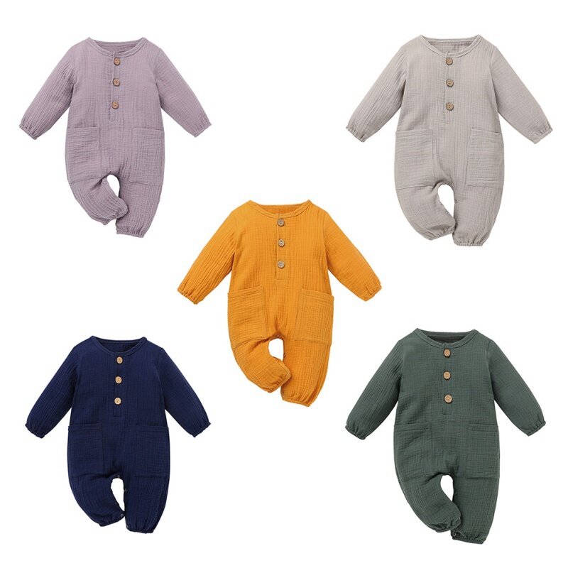 Autumn Infant Baby Girls Boys Cotton Soft ClothingLinen Solid Color Rompers Long-sleeved Kid Bodysuit Playsuit Clothes Outfit