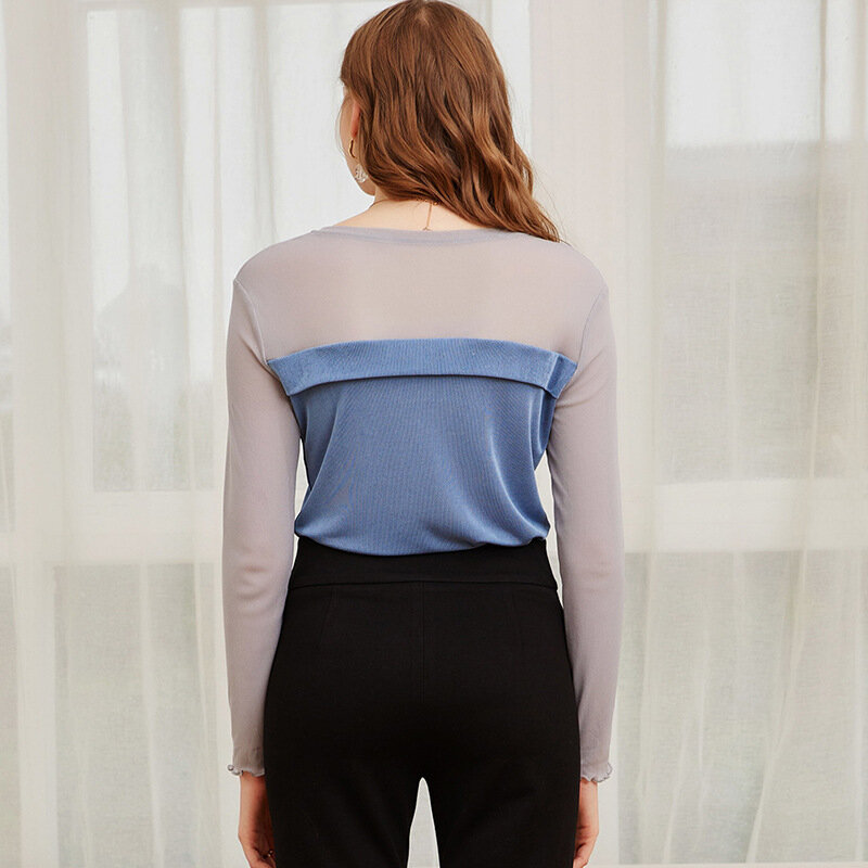 2021 봄과 가을 신제품 여성 긴 소매 기본 셔츠, 메쉬 접합 기질 탑 라운드 넥 슬림 여성 티셔츠