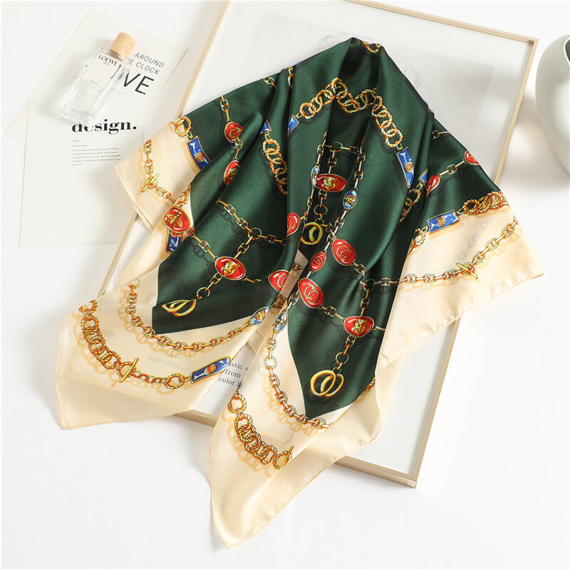 Sciarpa quadrata in raso di seta di marca di lusso Hijab donna 2021 moda Bandana fascia fazzoletto da collo borsa scialle da donna avvolgere Foulard 90*90cm