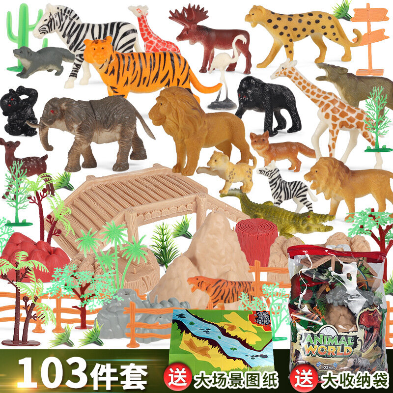 103Pcs Diy Simulatie Wild Dier Model Tijger Olifant Giraffe Scène Decoratie Game Action Figure De Beste Speelgoed Geschenken Voor kids