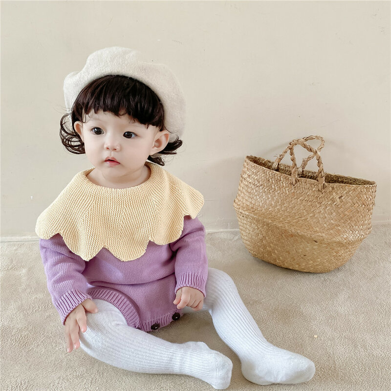 Yg0-2 anos de idade do bebê menina grande colar pétala contraste tricô lã de uma peça roupas saco de bebê peido ha roupas de escalada