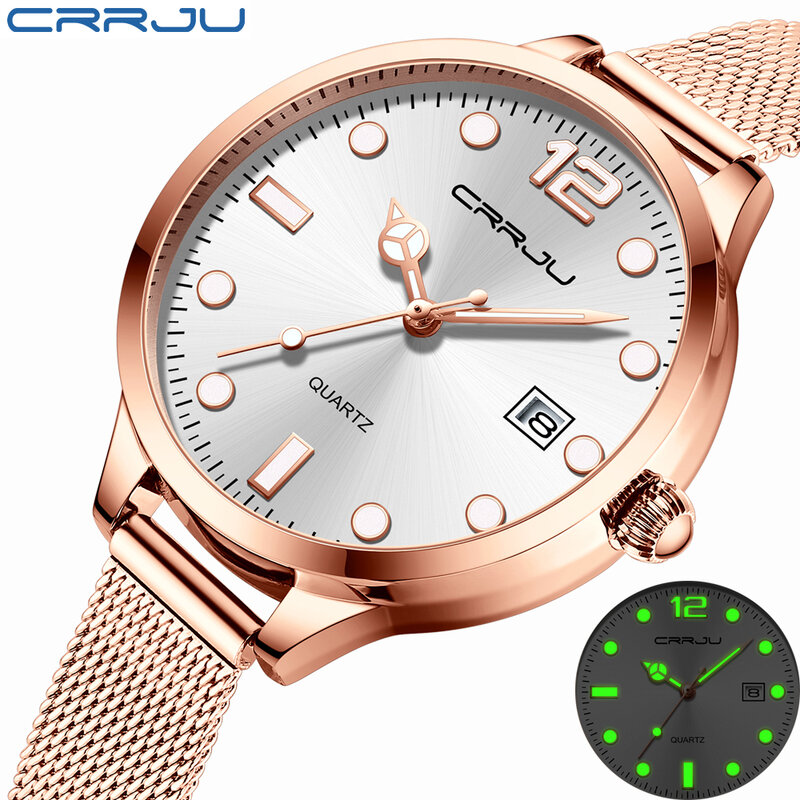 Crrju moda feminina relógio topo calendário de luxo luminosa mão requintado relógio de aço inoxidável à prova dwaterproof água senhoras relógios de quartzo