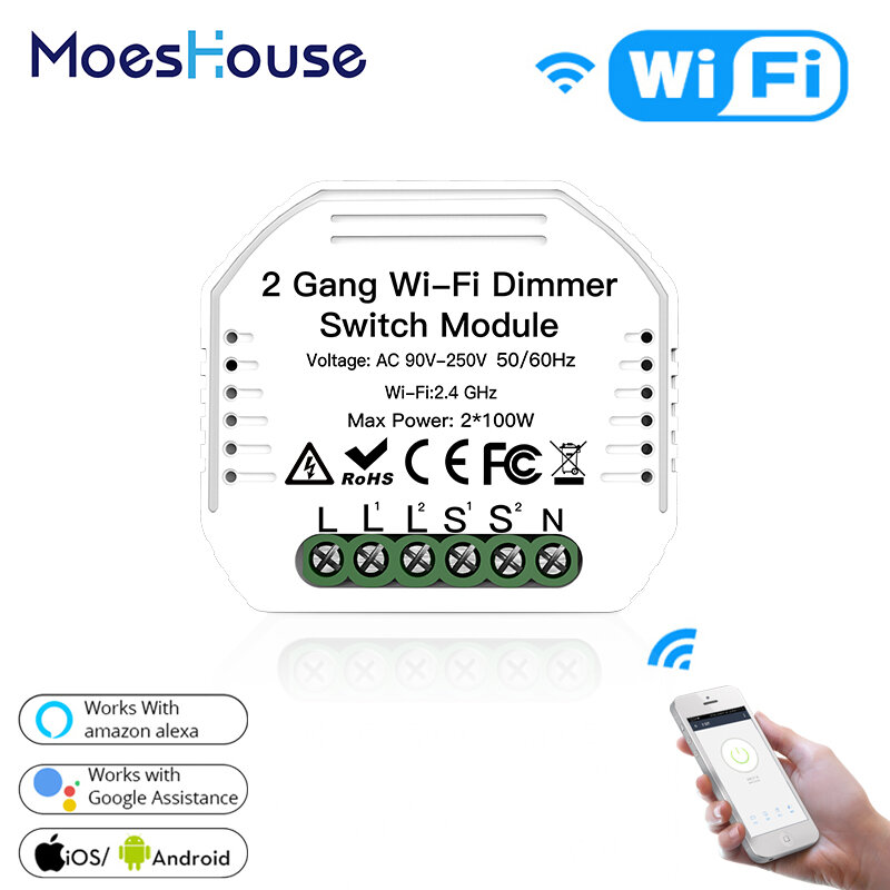 2 gang diy wifi smart 2 vias luz led dimmer módulo interruptor vida inteligente/tuya app controle remoto funciona com alexa google home