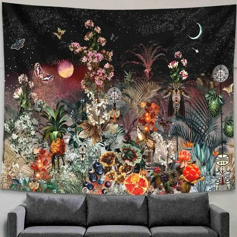 Tapiz de Luna estrellada psicodélica, tapiz de flores para colgar en la pared, Alfombra de cielo para dormitorio, tapices de arte, accesorios de decoración del hogar