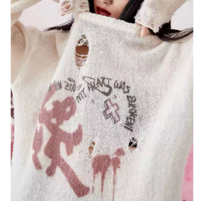 Deeptown-ゴシックプリント,透かし彫り,ニット,グランジ,パンク,オーバーサイズ,2k,女性用長袖セーター