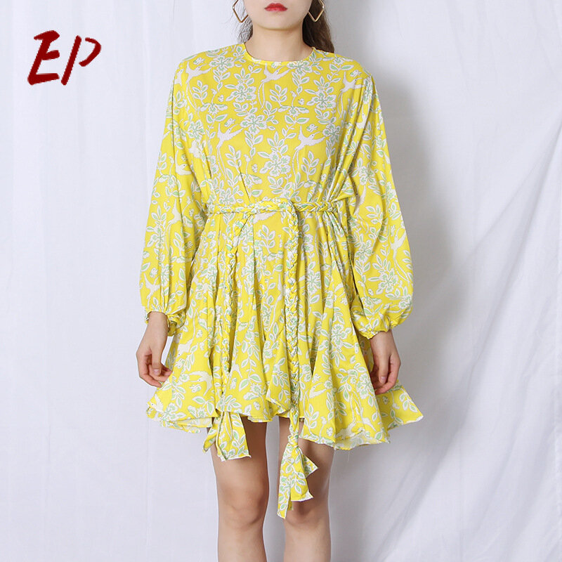 EP Women Dress 2021 Summer New Vintage Dresses stampa Hit Color lanterna manica lunga O collo vita alta A Line abiti per donna