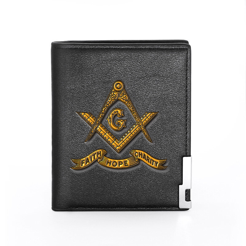 الكلاسيكية Freemason الإيمان الأمل الخيرية الطباعة محفظة من جلد Pu الرجال بطاقة بنك ائتمانية حامل محفظة قصيرة الذكور القياسية محافظ