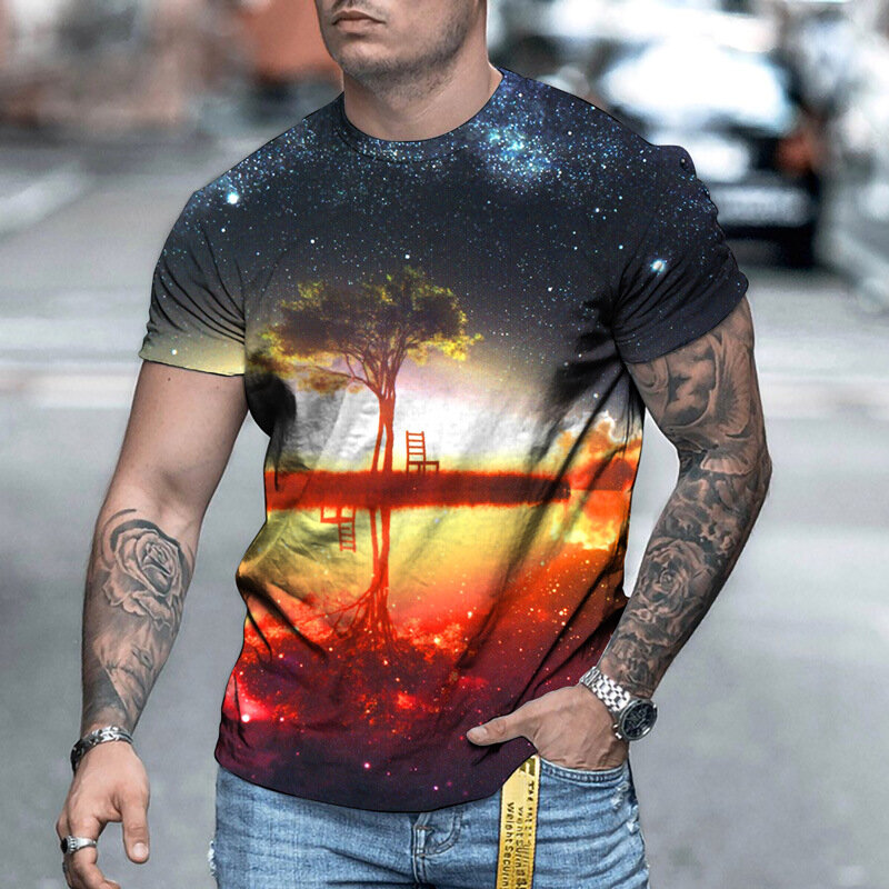 2021 여름 남성 라운드 넥 3d 프린팅 트리 풍경 일몰 아래 패션 반팔 티셔츠