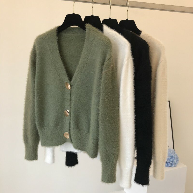 Golden Shiny Button Single Breasted Woolen Women 2021 New Cardigans Sweater Casual Female Warm Elegant Coat cute sweater 936i