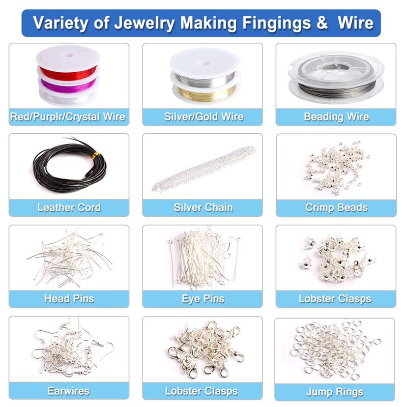 Kit de fabricação de jóias, suprimentos de fabricação de jóias inclui contas de jóias, encantos, descobertas, fio de contas para pulseira, colar, brincos