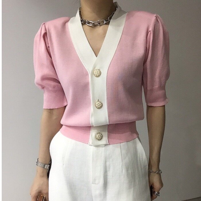 Malha vintage com decote em v de manga curta, feminina, verão, novo, design coreano, fino, cardigan, top, suéter crop