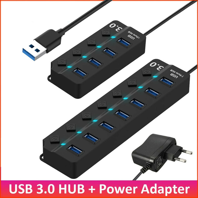 USB Hub 3.0 4 / 7 ports USB 3.0 Hub répartiteur interrupteur marche/arrêt avec adaptateur d'alimentation US/ue pour MacBook xiaomi ordinateur portable accessoires