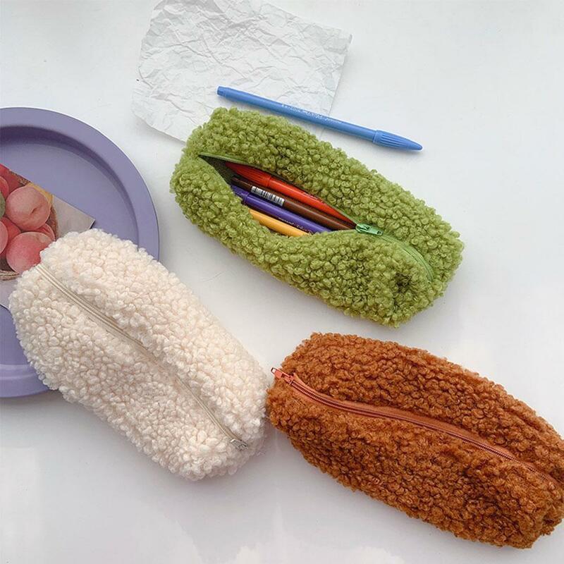 Lambs Wool Pencil Case Cosmetic Bags Solid Color Plush Zipper Makeup Bag Lipstick Bags Pen Pouch Office School Stationery Supply