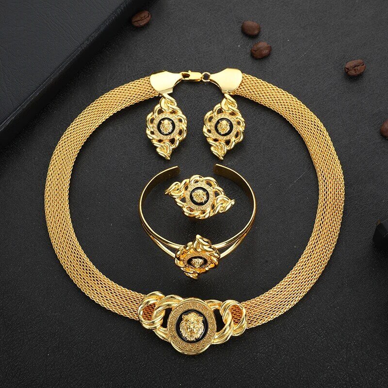 24K Dubai Gold Jewelry Set African Bride Wedding Gift Saudi Arabia Necklace Bracelet Earring Ring Set Collar Jewelry