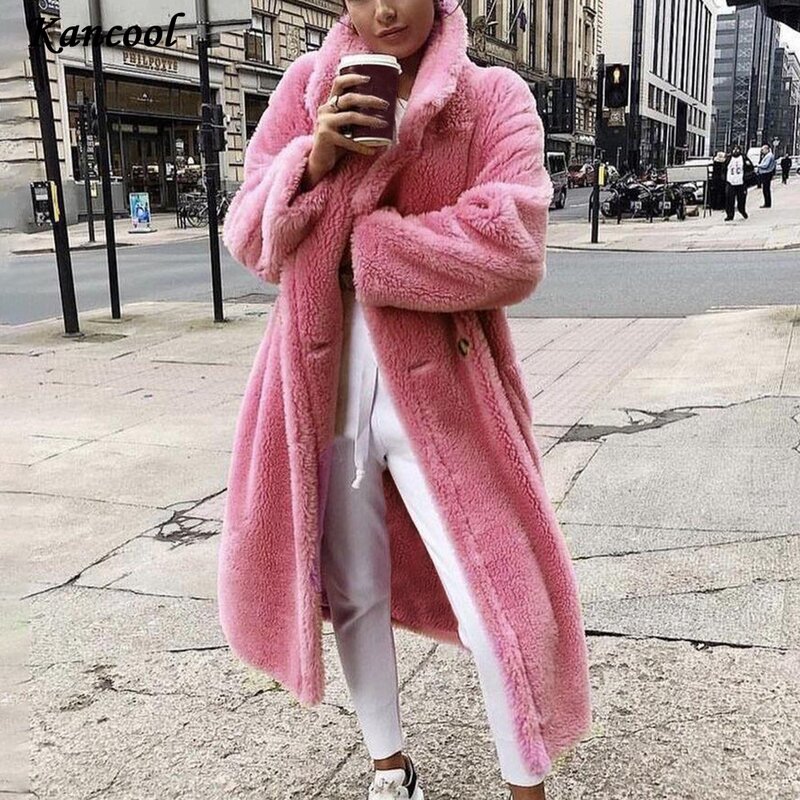 KANCOOL Hot Pink długi miś kurtka płaszcz kobiety zimowe grube ciepłe ponadgabarytowych Chunky odzież wierzchnia płaszcz Faux Lambswool płaszcze