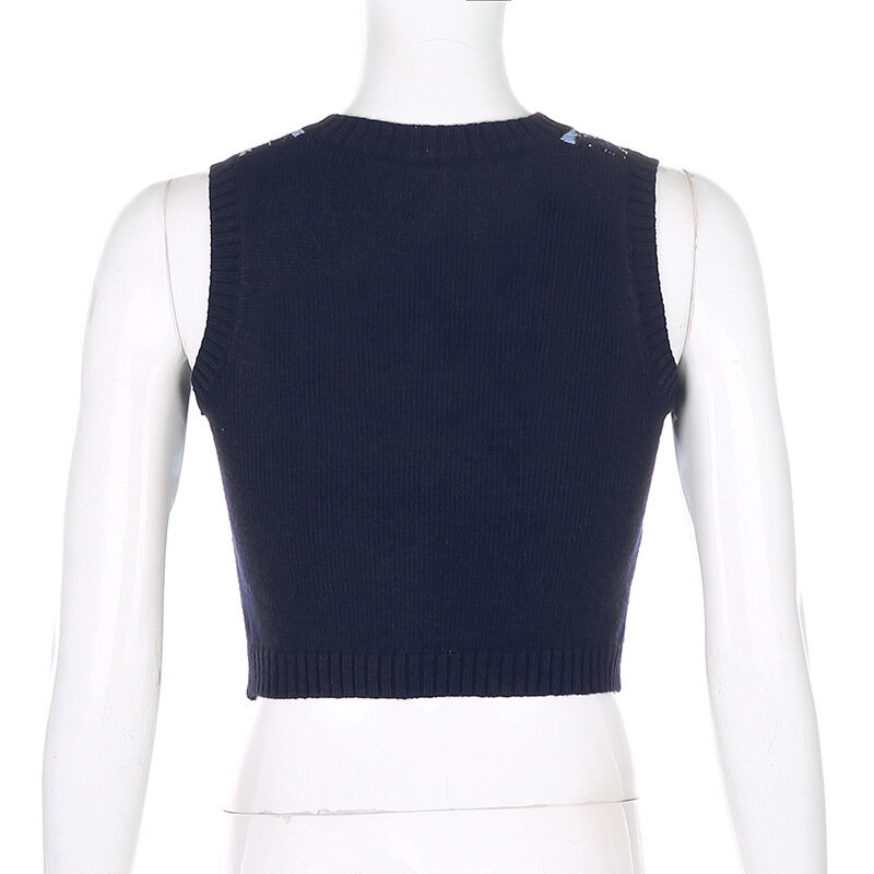 V 넥 빈티지 새로운 스웨터 조끼 여성 블랙 민소매 격자 무늬 니트 자르기 스웨터 캐주얼 가을 프레피 스타일 2021 상의