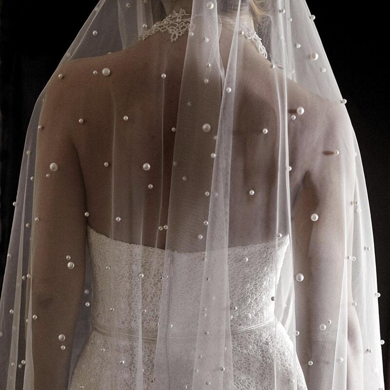 Pearls White Ivory Long Bridal Veil With Comb One Layer Cathedral Wedding  with  Velos de Noiva Crystal Beads 3Meters
