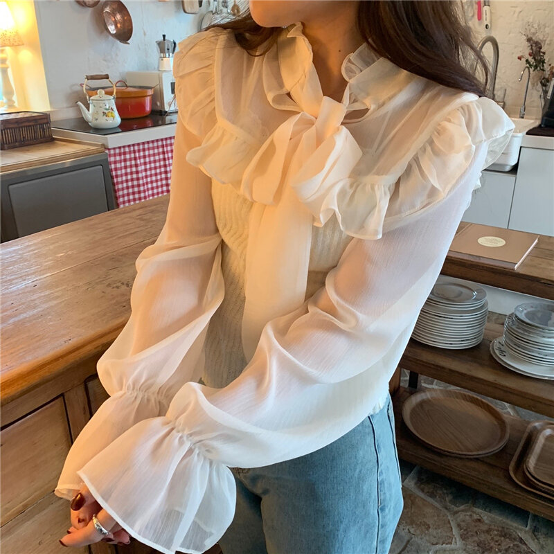 Coreano ins babados malha costura imortal bonito jovem-olhando laço bowknot malha camisola feminina curto topo