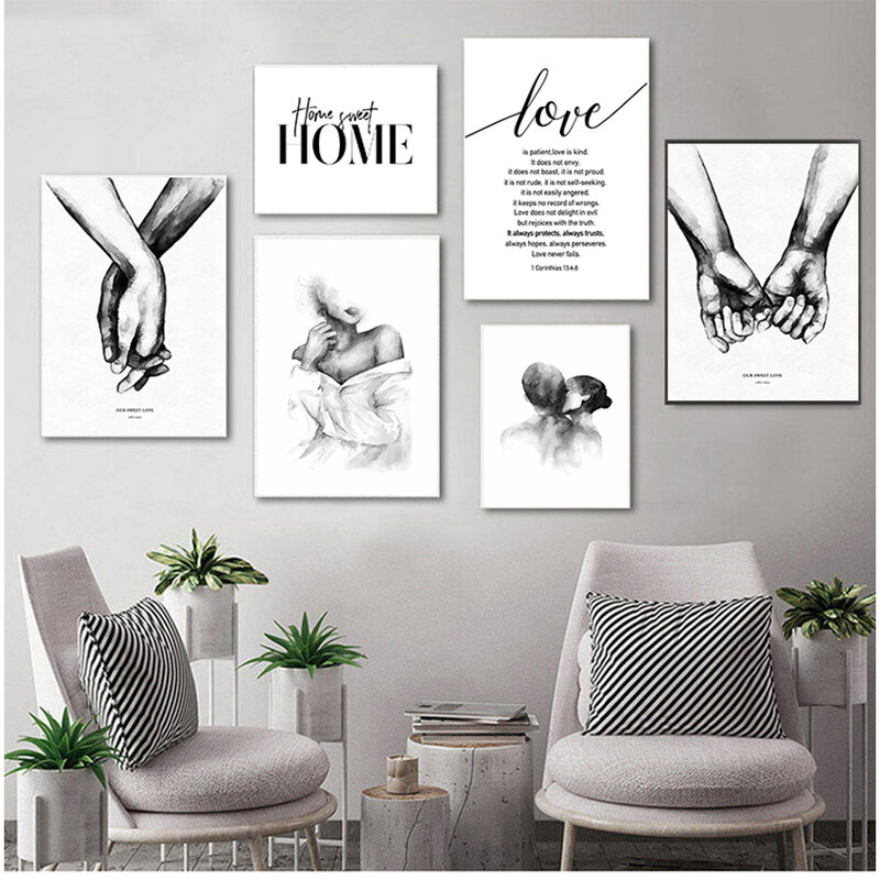 Nordic Black White Shoulder Kiss Hand Wall Art Canvas Poster Minimalist PrintLove Quotes Painting Picture for Living Room Decor