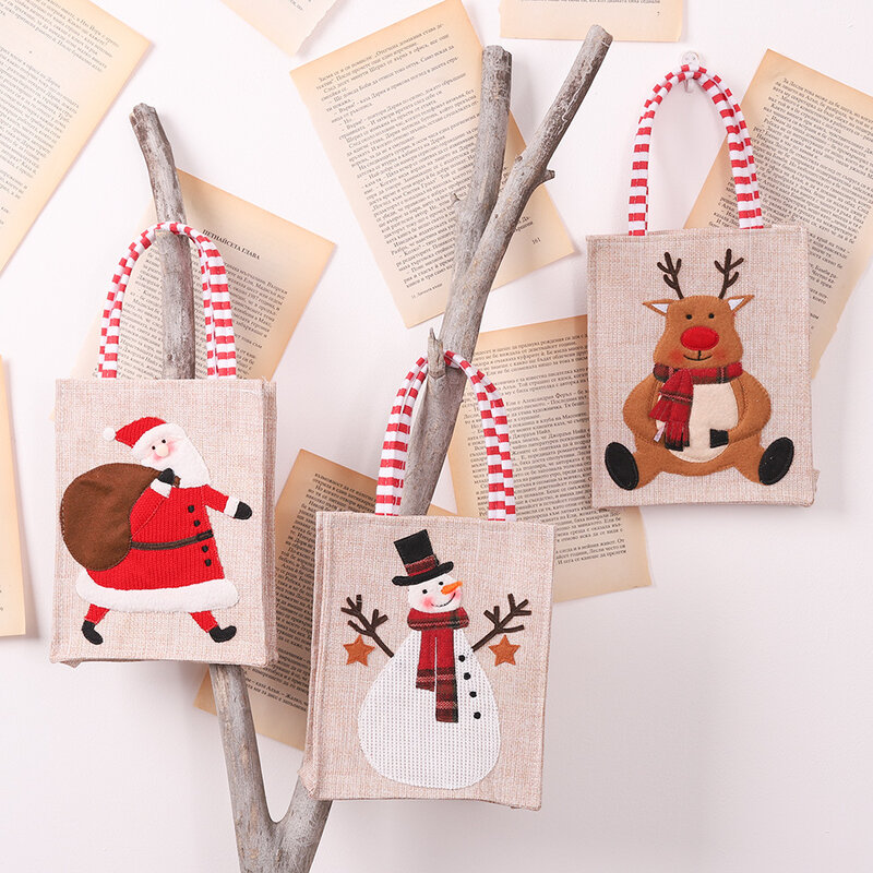 Bolsa de lino bordada tridimensional para decoración navideña, bolso de mano para regalo de niños, almacenamiento de dulces