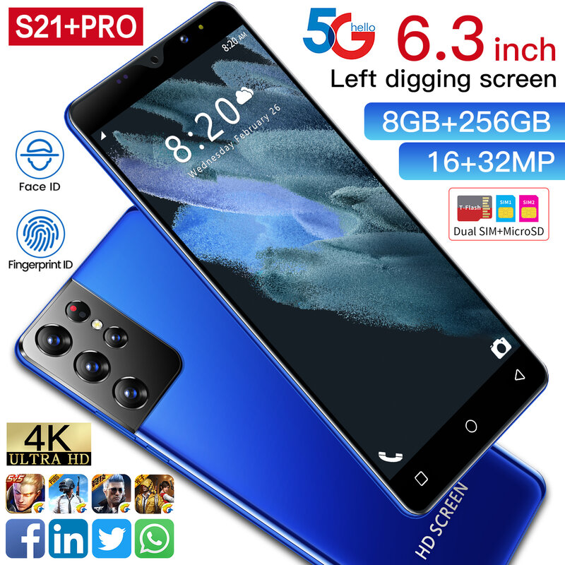 Global Versie Samsun S21 + Pro 6.3 "Snapdragon 888 Deca Core Smartphones 6800Mah Dual Sim Deca Core 8gb 256Gb 32MP