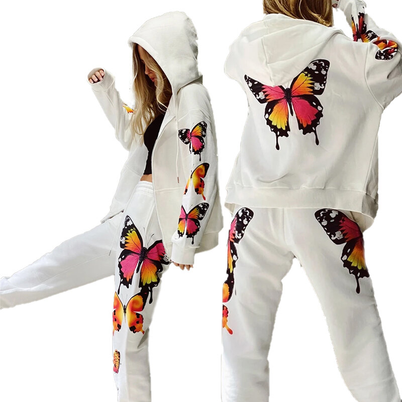 Two Piece Women Butterfly Print Hooded Sport Fitness Tracksuits Sets Autumn Winter Long Sleeve Loose Casual Set Hot Sale