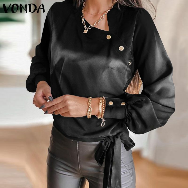 Women Elegant Shirts 2021 VONDA Sexy Solid Color Long Sleeve Tops Office Ladies Shirts Casual Blouse Party Blusas Femininas