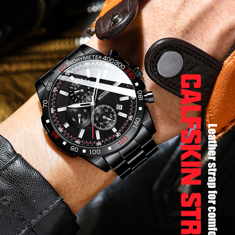 Horloges Sport Horloge Mannelijke 2020 Luxe Blushi Waterdicht Chronograaf Zwart Roestvrij Staal Quartz Horloge Mannen Belushi Reloje