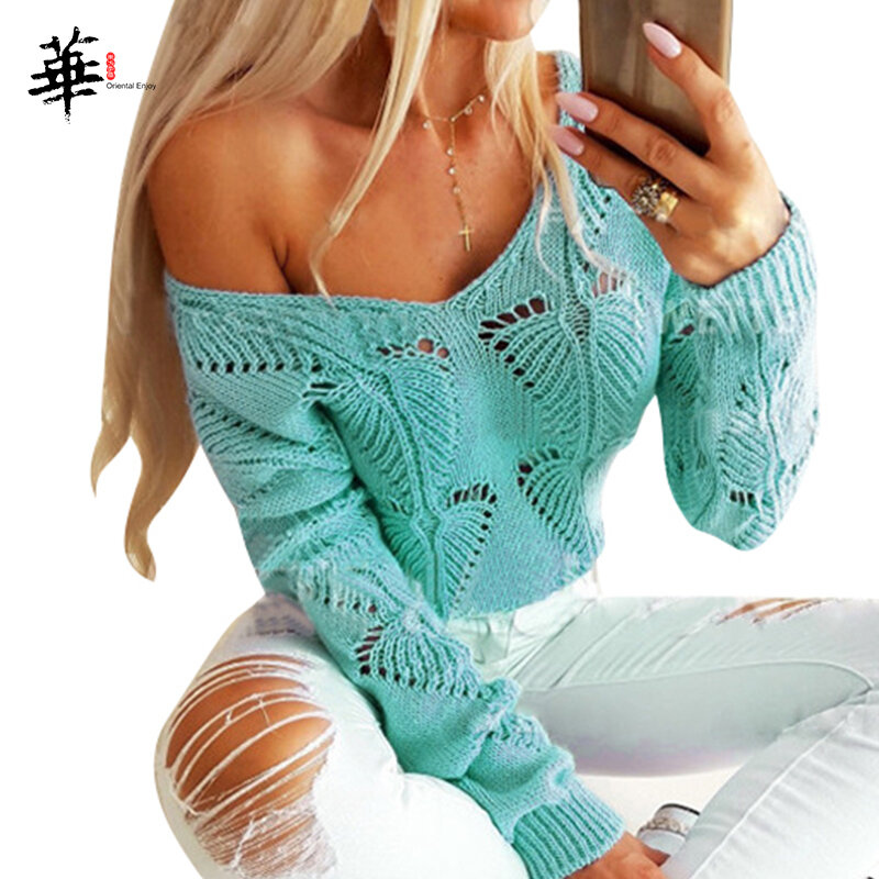Women Hollow Out Sweater Pink Sexy Deep V Neck Knitted Fall Winter Tops Woman Loose Long Sleeve Sweaters Blue Green Jumper