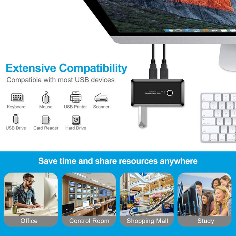 Commutateur KVM USB 3.0 2.0, 2 ports, partage de pièces, 4 appareils pour clavier, souris, imprimante, moniteur, sélecteur de commutateur USB 2.0 3.0