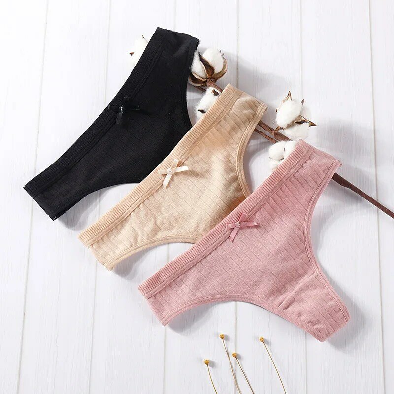 String Sexy en coton pour femmes, sous-vêtements, Lingerie intime, t-back, taille basse, ensemble de 3 pièces