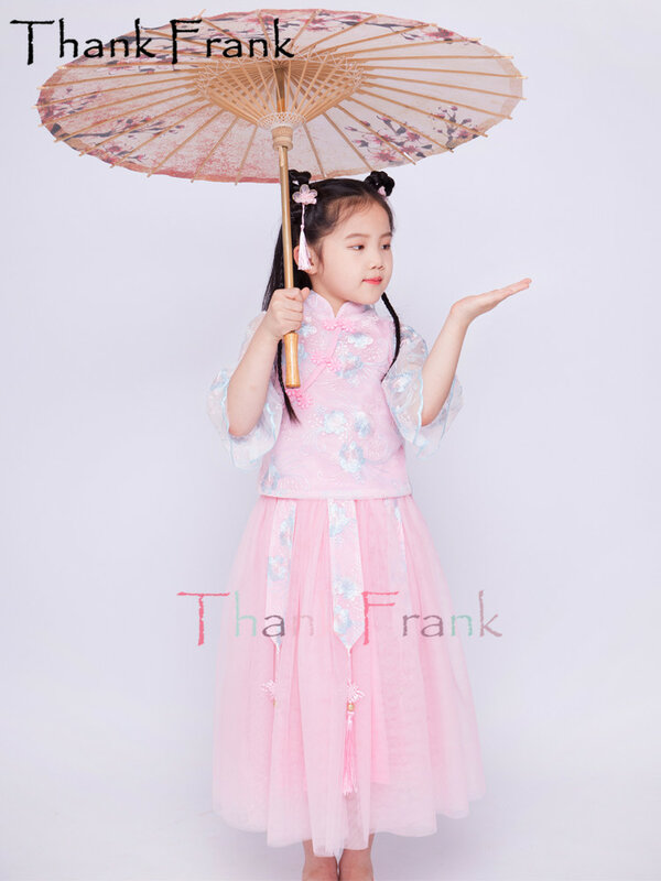 Novo rosa hanfu traje meninas 2-pieces conjunto tang vestido de fadas crianças manga curta vestidos folclóricos chineses criança rave trajes de dança c734
