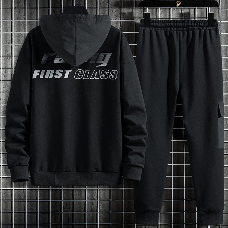 Primavera outono plus tamanho agasalho masculino multi-bolsos preto hoodie + calças 2 peça define masculino hip hop streetwear pulôver esporte ternos