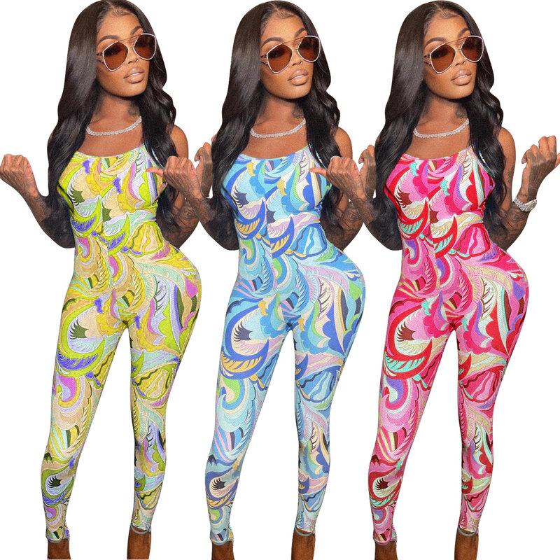 2021 Fashion Print Jumpsuit Zomer Casual Overalls Bodysuit Vrouwen Mouwloze Spaghetti Backless Bodycon Romper Playsuit