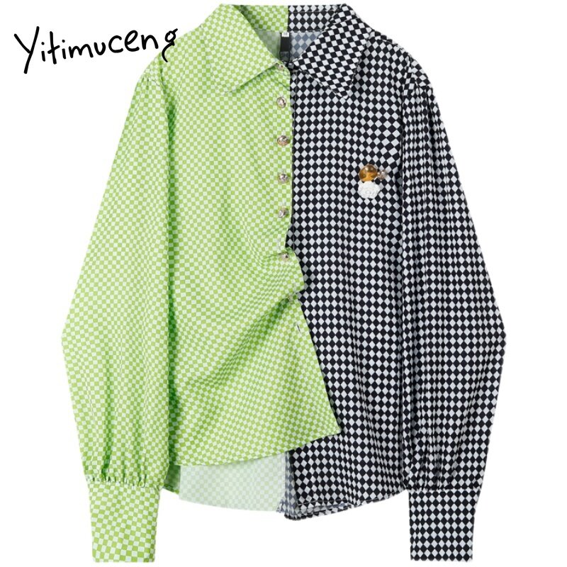 Yitimuceng Plaid Patchwork Blouse Button Up Women Shirts Loose New Spring 2021 Korean Clothes Long Sleeve Turn-down Collar Tops