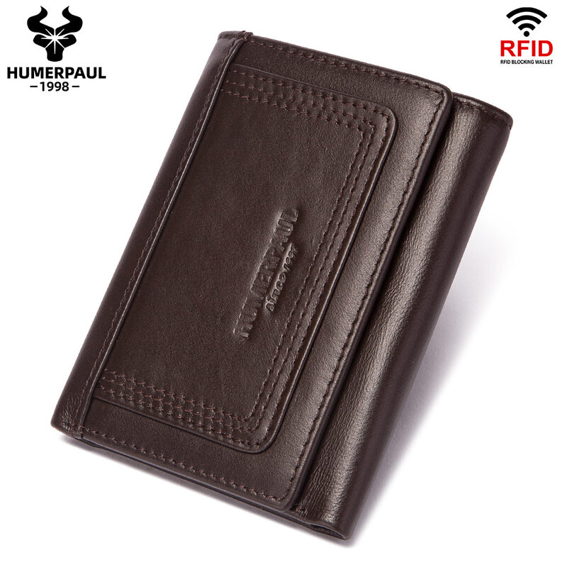 HUMERPAUL กระเป๋าสตางค์สำหรับแท้ผู้ชายหนัง RFID บัตรกระเป๋าแฟชั่น Slim Trifold Casual กระเป๋าสตางค์กระเป๋าเหรียญชาย20023