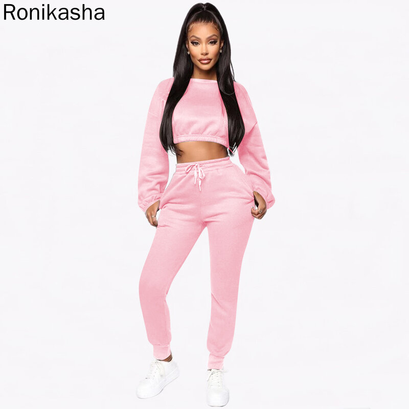 Ronikasha-Conjunto de dos piezas para mujer, chándal de otoño, Jersey, Top corto y pantalones de chándal, ropa de mujer, venta al por mayor