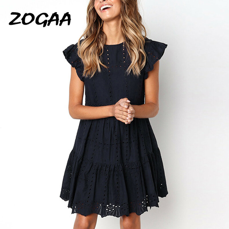Платье-трапеция ZOGAA женское с вырезами, ажурное пляжное базовое платье-трапеция с оборками и рукавами, с круглым вырезом, на лето