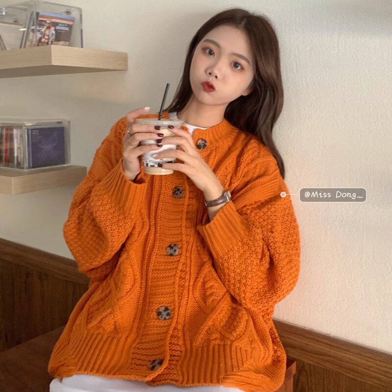 Casaco suéter feminino com malha cabo, primavera e outono 2021, novo estilo coreano solto e reforçado