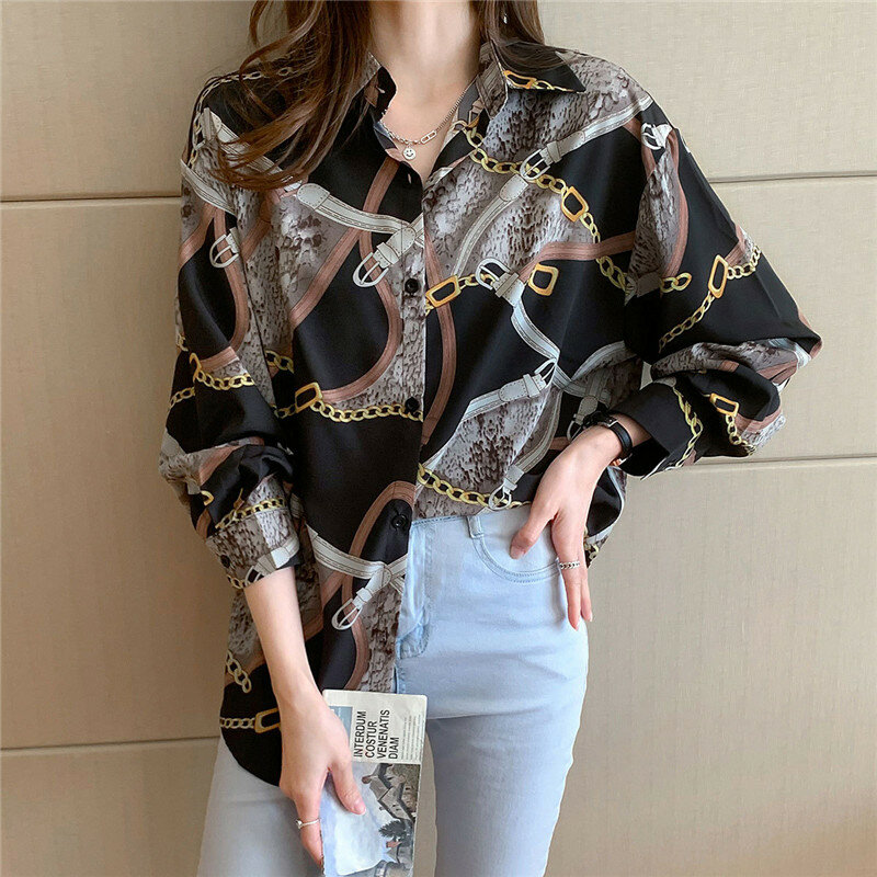 Chiffon blusa feminina manga longa padrão vintage senhora casual solto primavera outono camisas de roupas femininas